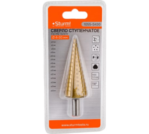 Сверло ступенчатое по металлу 4-30мм шаг 2мм HSS+TIN прямое Sturm!