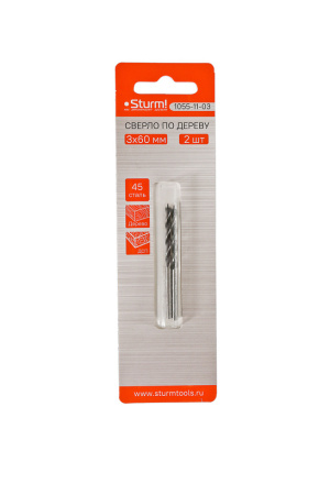 Сверло спиральное по дереву D=3мм, L=60мм, цил. хв., 2шт, блистер, Sturm!