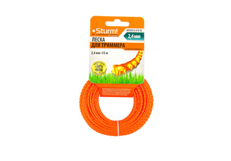 Леска для триммера, d=2.4 мм, l=15м, КРУЧЕНЫЙ КВАДРАТ,оранж., картон, Sturm!