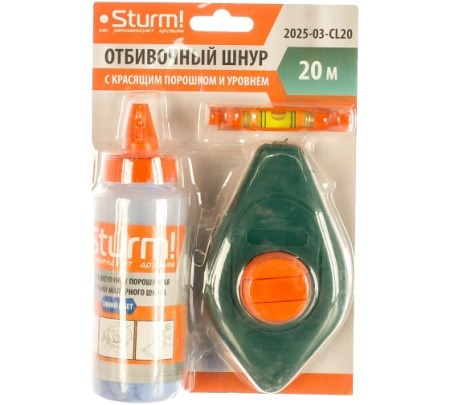 Отбивочный шнур 20м с красящим порошком + уровень Sturm!