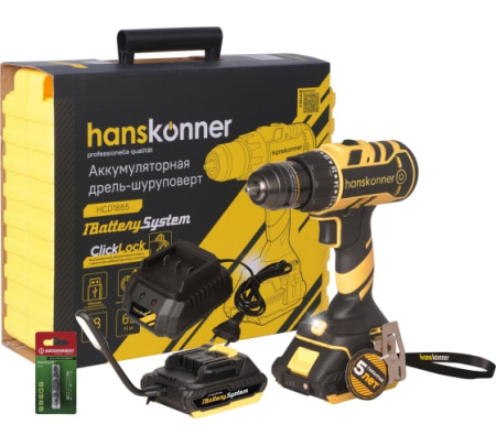 Дрель аккум. б/щ Hanskonner, 18В, 1BatterySystem, 2 акк. 2Ач, 65Нм, патрон 13мм, кейс