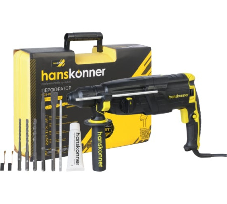 Перфоратор Hanskonner 850Вт, 28 мм, МЕТАЛЛ.РЕДУКТОР,3.2Дж,0-1160об/мин,4м кабель,кейс