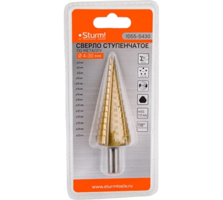 Сверло ступенчатое по металлу 4-30мм шаг 2мм HSS+TIN прямое Sturm!
