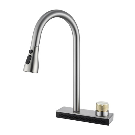 Смеситель для кухни OUTE T708L одноруч, водопад, с выдвижной лейкой, 3 режима, нерж, сатин [1/10]