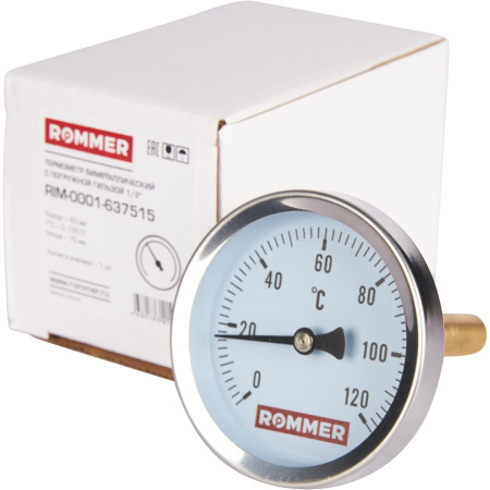 ROMMER Термометр биметаллический с погружной гильзой. Корпус Dn 63 мм, гильза 75 мм 1/2 , 0...120°С