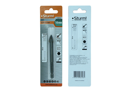 Сверло по стеклу и кафелю, d 10мм, шестигранный хвостовик, 4 грани, Sturm!